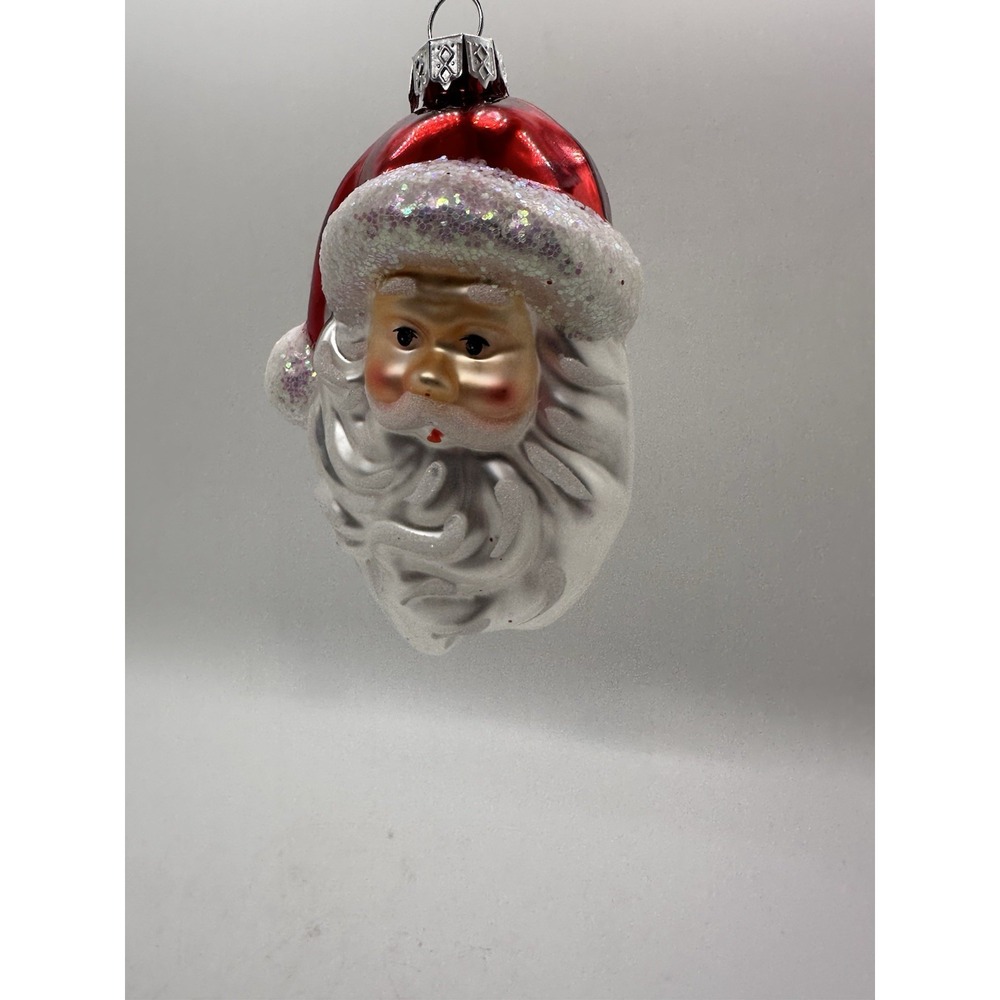 Vintage Glass Santa Head Ornament 2013 Red Hat Glitter‎ Christmas